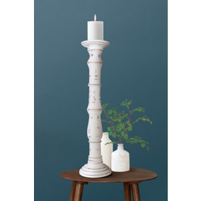 Rustic Antique Carved Wooden Pillar Church Candle Holder Antique White, Extra Large 45cm High