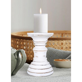 Rustic Antique Carved Wooden Pillar Church Candle Holder Antique White, Small 13cm high