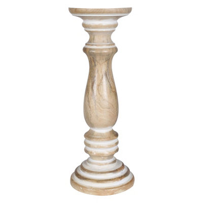 Rustic Antique Carved Wooden Pillar Church Candle Holder Beige, Large 31cm High