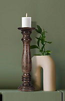 Rustic Antique Carved Wooden Pillar Church Candle Holder Light Brown, Large 31cm High