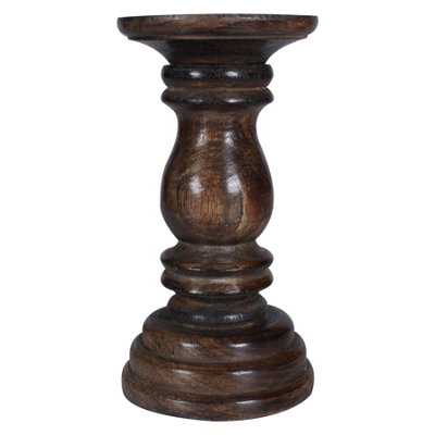 Rustic Antique Carved Wooden Pillar Church Candle Holder Light Brown, Medium 19cm High