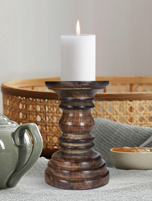 Rustic Antique Carved Wooden Pillar Church Candle Holder Light Brown, Small 13cm High