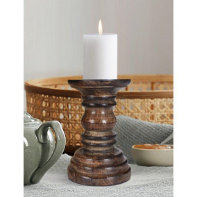 Rustic Antique Carved Wooden Pillar Church Candle Holder Light Brown, Small 13cm High