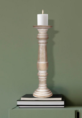 Rustic Antique Carved Wooden Pillar Church Candle Holder Natural, Large