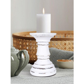 Rustic Antique Carved Wooden Pillar Church Candle Holder White Light, Small 13cm High