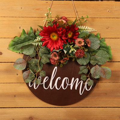 Rustic Artificial Red Sunflower Hanging Wreath Front Door Decor with Welcome Sign 40 cm