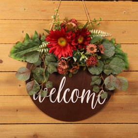 Rustic Artificial Red Sunflower Hanging Wreath Front Door Decor with Welcome Sign 40 cm