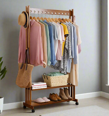 Rustic Bamboo Clothes Rail Rack with Rolling Wheels, Two-Tier Shoe ...