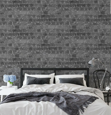 Rustic Black House Brick Effect Realistic Mural Feature Wallpaper Metallic