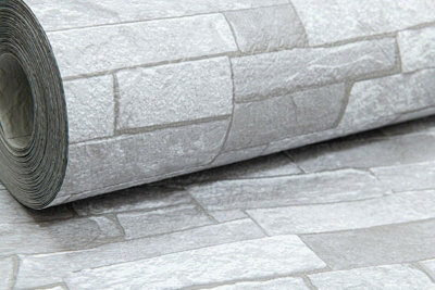 Rustic Brick 3D Effect White Light Medium Grey Textured Feature Wallpaper