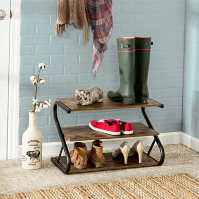 Rustic Brown 3 Tier S-Frame Shoe Rack with Wood and Metal