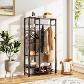 Rustic Brown Clothes Rack with 4 Tiers Storage Shelves