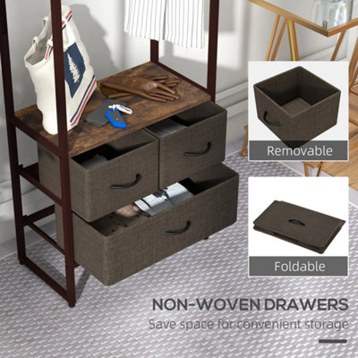 Rustic Brown Freestanding Garment Rack Clothes Rail with 3 Fabric Drawers