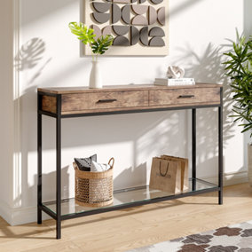 Rustic Brown Slim Console Table with 2 Drawers and Glass Shelf 120 x 30 x 81cm
