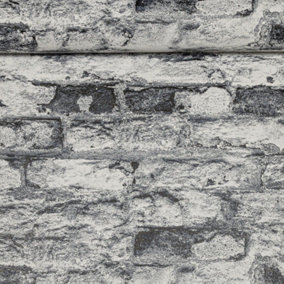 Rustic Charcoal Grey White Brick Wall Textured Vinyl Wallpaper Realistic Quality