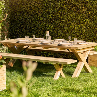 Rustic Chunky Farmhouse X Leg Garden Table Set 4-6 Seater With 2 Benches