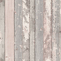 Rustic Distressed Elm Wood Plank Effect Light Pink Grey Realistic Wallpaper