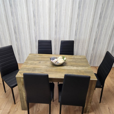 Rustic Effect Dining Table Set with 6 Black Faux Leather Chairs Dining ...