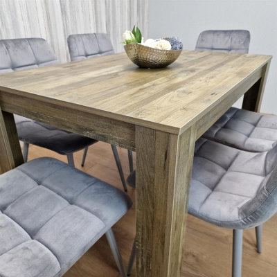 Rustic Effect Dining Table Set with 6 Grey Velvet Chairs Stylish Dining ...