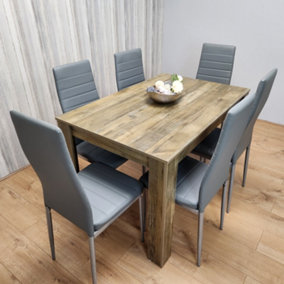 Rustic Effect Dining Table with 6 Grey Leather Chairs Kitchen Dining Set of 6