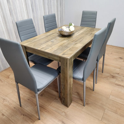 Rustic Effect Dining Table with 6 Grey Leather Chairs Kitchen Dining Set of 6