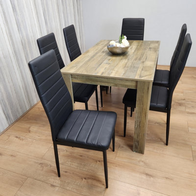 Rustic Effect Table and 6 Black Metal Chairs Kitchen Dining Room Furniture Set of 6