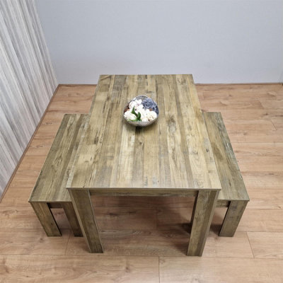 Rustic Effect wood Dining Table And 2 Benches kitchen table Set space ...