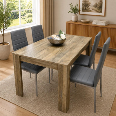 Rustic Effect Wood Dining Table Set with 4 Grey Faux Leather Chairs ...