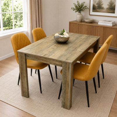 Rustic Effect Wooden Dining Table Set with 4 Mustard Gem Pattern Chairs ...