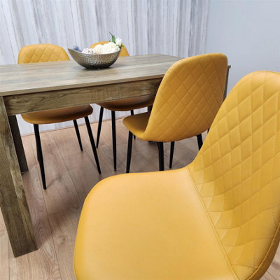Rustic Effect Wooden Dining Table Set with 4 Mustard Gem Pattern Chairs ...