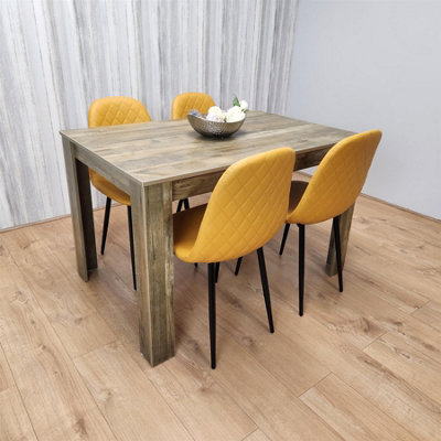 Rustic Effect Wooden Dining Table Set with 4 Mustard Gem Pattern Chairs ...
