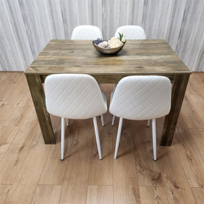 Rustic Effect Wooden Dining Table Set with 4 white Gem Pattern Chairs ...