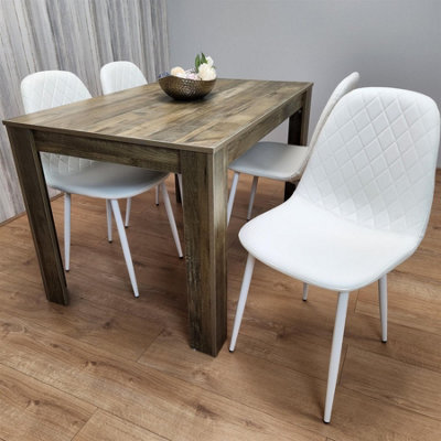 Rustic Effect Wooden Dining Table Set with 4 white Gem Pattern Chairs ...