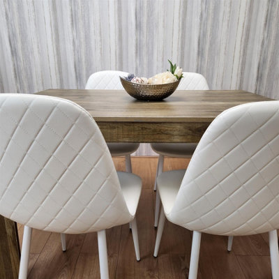 Rustic Effect Wooden Dining Table Set with 4 white Gem Pattern Chairs ...