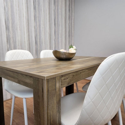 Rustic Effect Wooden Dining Table Set with 4 white Gem Pattern Chairs ...