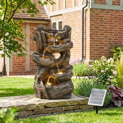 Rustic Faux Wood Root Solar-Powered Water Fountain with Led Lighting ...