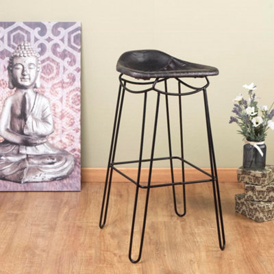 Rustic Handmade Genuine Black Leather Artisan Bar Stool