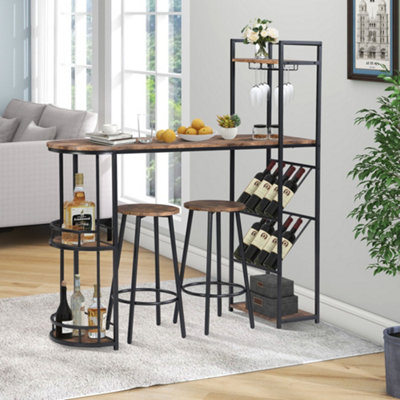 Rustic Industrial Bar Table Set with Wine Rack and Side Storage