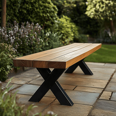 Rustic Iroko Outdoor Garden Bench with Aluminium Legs - 120cm