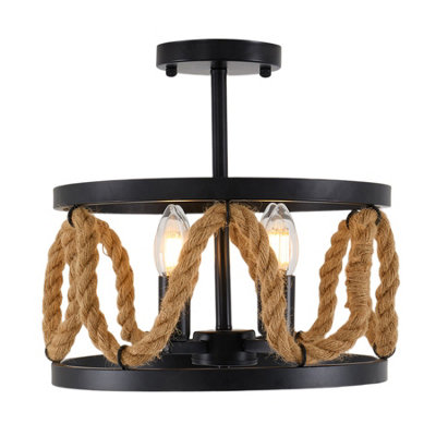 Rustic Metal Frame and Hemp Rope Design Cylindrical Ceiling Light with ...