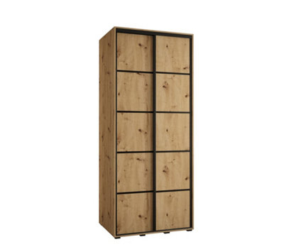 Rustic Oak Artisan Cannes IV Sliding Wardrobe H2050mm W1100mm D600mm with Custom Black Steel Handles and Decorative Strips