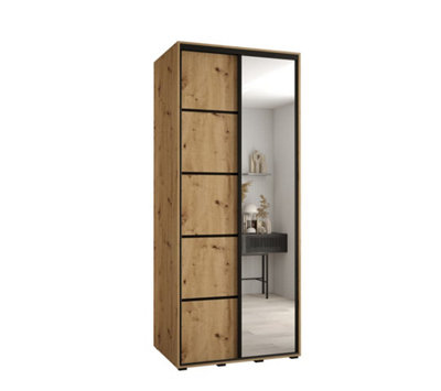 Rustic Oak Artisan Cannes V Sliding Wardrobe H2050mm W1200mm D600mm with Custom Black Steel Handles and Decorative Strips