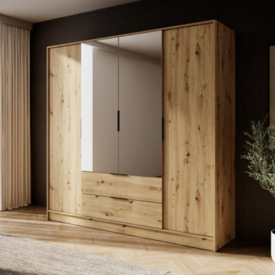 Rustic Oak Artisan Kelly Wardrobe: 206cm of Mirrored Charm for Spacious Interiors