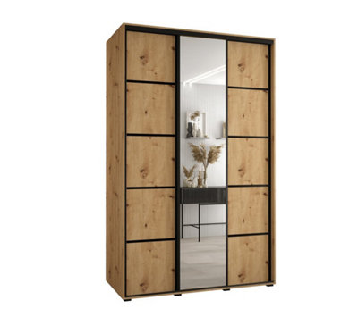 Rustic Oak Artisan Mirrored Cannes V Sliding Wardrobe H2050mm W1500mm D600mm with Custom Black Steel Handles