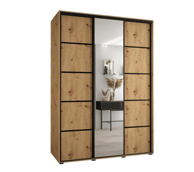 Rustic Oak Artisan Mirrored Cannes V Sliding Wardrobe H2050mm W1800mm D600mm with Custom Black Steel Handles and Decorative Strips