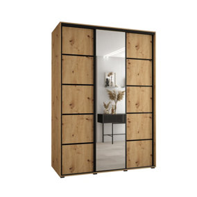 Rustic Oak Artisan Mirrored Cannes V Sliding Wardrobe H2050mm W1800mm D600mm with Custom Black Steel Handles and Decorative Strips