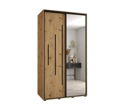 Rustic Oak Artisan Mirrored Cannes XIII Sliding Wardrobe H2050mm W1300mm D600mm - Custom Black Steel Handles and Decorative Strips