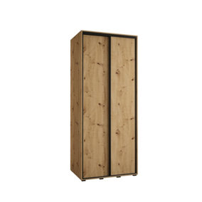 Rustic Oak Artisan Sliding Door Wardrobe H2050mm W1000mm D600mm with Black Steel Handles and Decorative Strips