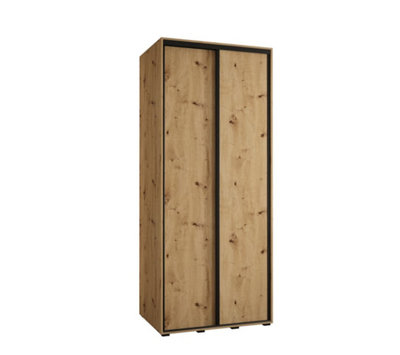 Rustic Oak Artisan Sliding Door Wardrobe H2050mm W1100mm D600mm with Black Steel Handles and Decorative Strips