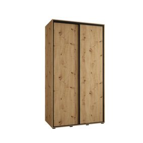 Rustic Oak Artisan Sliding Door Wardrobe H2050mm W1300mm D600mm with Black Steel Handles and Decorative Strips